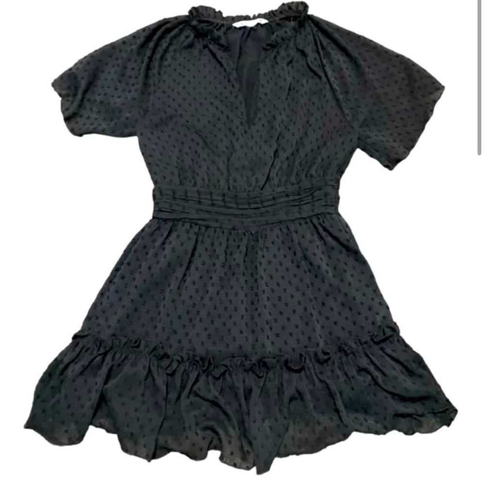 Zara Swiss Dot, Neck Ruffled, Sheer Sleeve, Mini Short Dress, Black, Size M - Picture 2 of 10